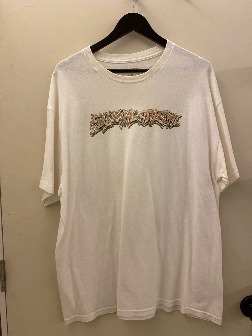 FA White Crewneck T-Shirt with Rhinestone Graphic